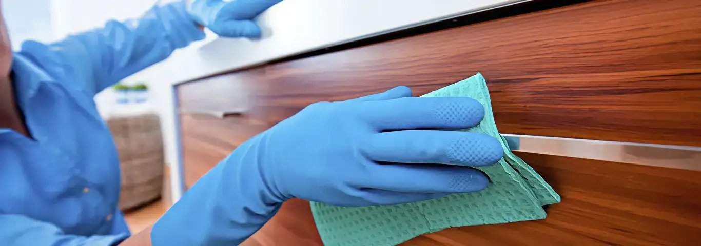 Cleaner wearing blue gloves wiping a wooden cabinet drawer with a microfiber cloth for dust and grime removal, Tuscaloosa, AL.