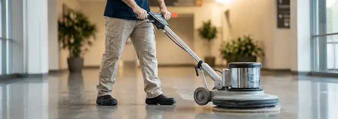 Professional technician using an industrial floor buffer to polish and maintain shiny commercial flooring in a corporate hallway in Tuscaloosa, AL.