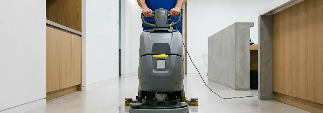 Janitorial staff using a floor scrubber machine to clean a commercial hallway, Tuscaloosa, AL.