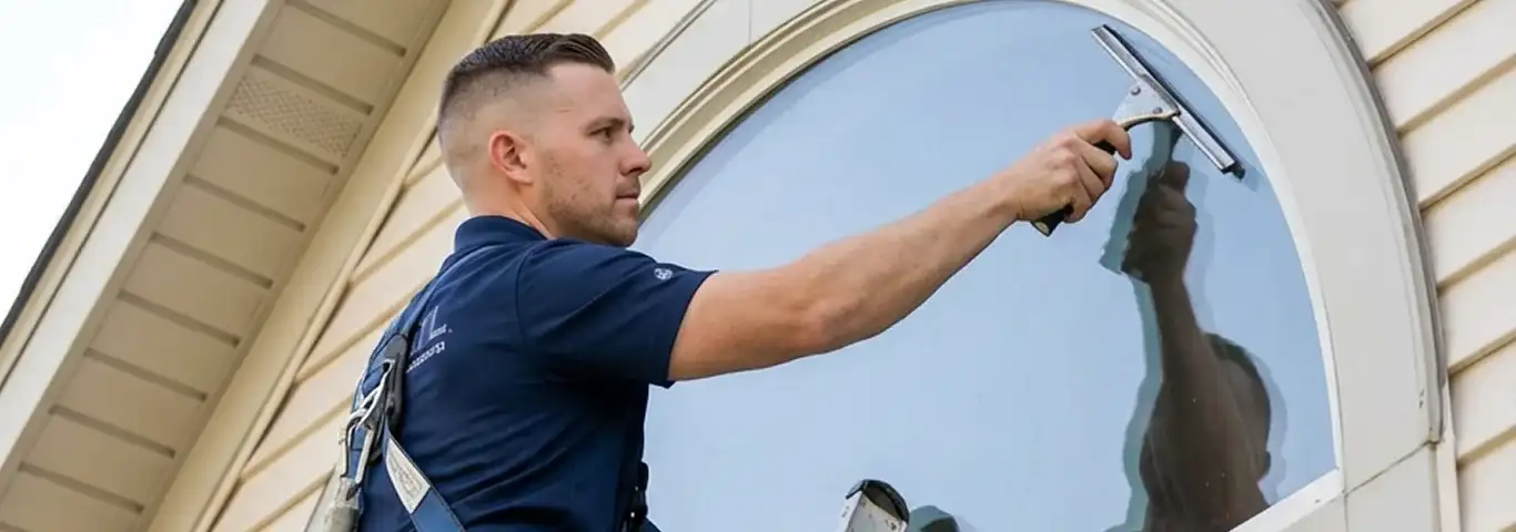 Professional window cleaner using a squeegee to clean an exterior arched window on a home, Tuscaloosa, AL.