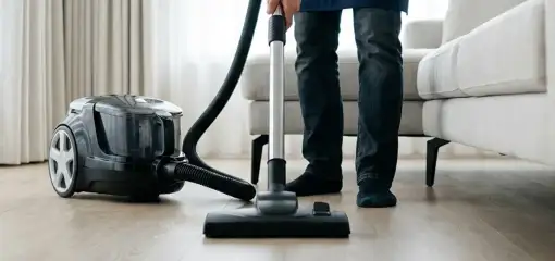 Professional house cleaner vacuuming a living room floor with a canister vacuum cleaner, Tuscaloosa, AL.