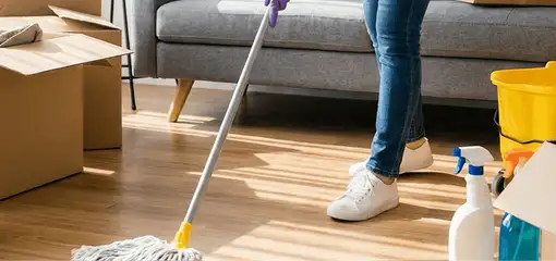 Move-out cleaning setup with a cleaner mopping hardwood floors near moving boxes and cleaning supplies, Tuscaloosa, AL.