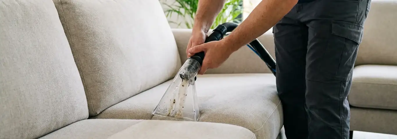 Technician extracting dirt and moisture from a fabric sofa with an upholstery cleaning wand, Tuscaloosa, AL.