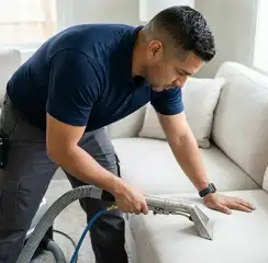 Professional upholstery cleaning technician using an extraction wand to deep-clean a fabric sofa, Tuscaloosa, AL.