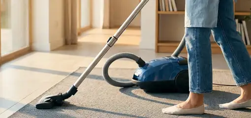 Person vacuuming a living room rug with a canister vacuum cleaner near large windows, Tuscaloosa, AL.